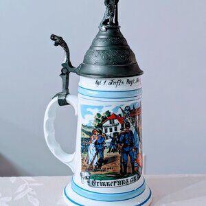 VTG German Regimental Beer Stein Pewter Top Lithophane 1902-04 Kgl. 1. Inftr Reg